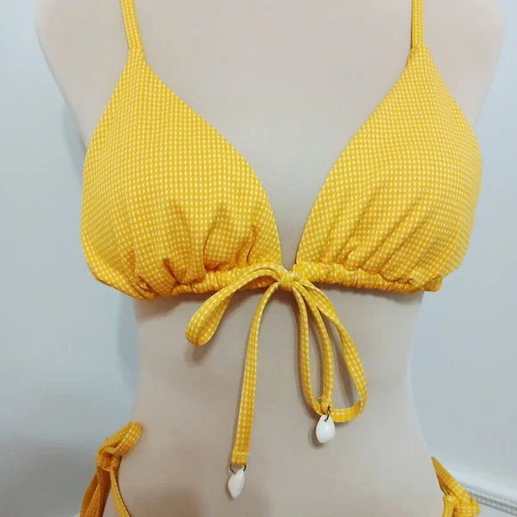 Yellow Gingham Triangle Bikini Set Cowrie Shell Ties Womens Size Medium New - Picture 3 of 7